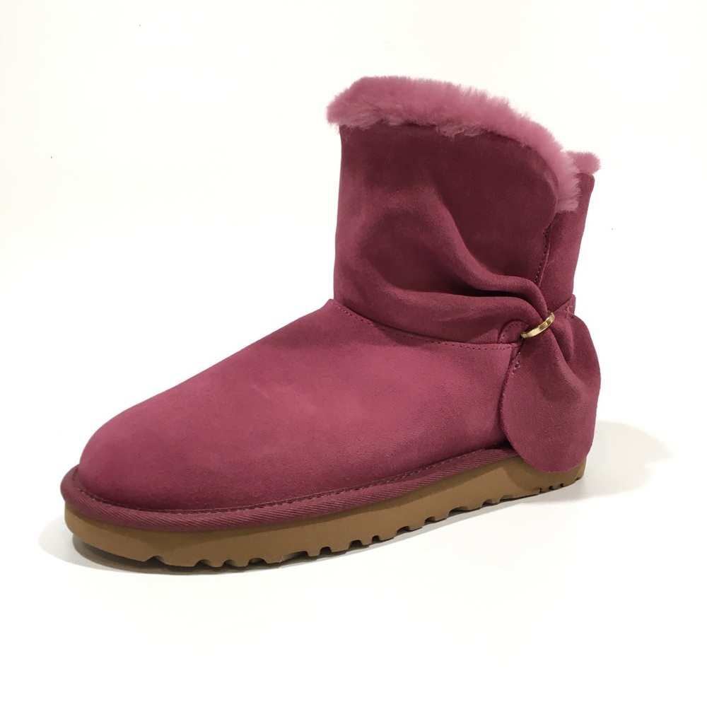 UGG CLASSIC MINI TWIST SUEDE / SHEEPSKIN ANKLE BOOTS -BOUGAINVILLEA -US 7